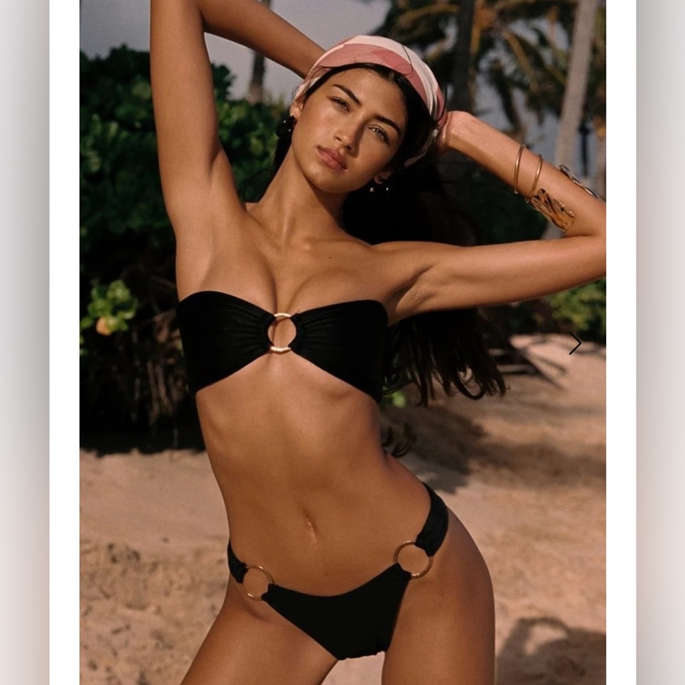 Black Bandeau Bikini with Gold O-Ring Accents